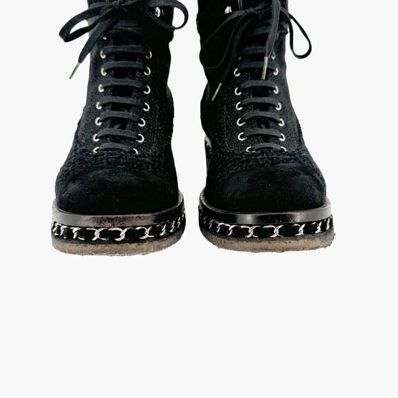 Chanel Tweed Combat Boots EU 37 US 6-6.5 Black CC Chain Quilted Lace Up Ankle - Picture 5 of 11